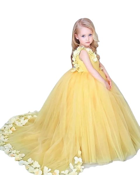 Vestido de festa amarelo brilhante para meninas com aplicação de tule e decote em joia feito sob medida Vestidos de festa para crianças
