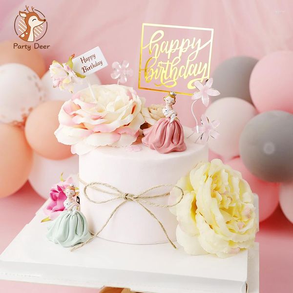 Forniture per feste Crown Princess Decoration Fiore rosa lucido Cake Topper Buon compleanno per ragazza Donna Regali di cottura per matrimoni