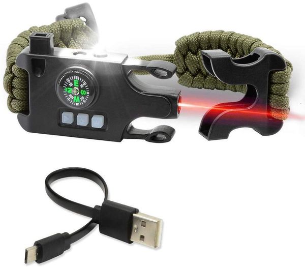 Kletterseile Taktisches Überlebensarmband Armband Notfallausrüstungsset mit Laser-Infrarot-SOS-LED-Taschenlampe UV-Lampe Kompass Rettungspfeife 230614