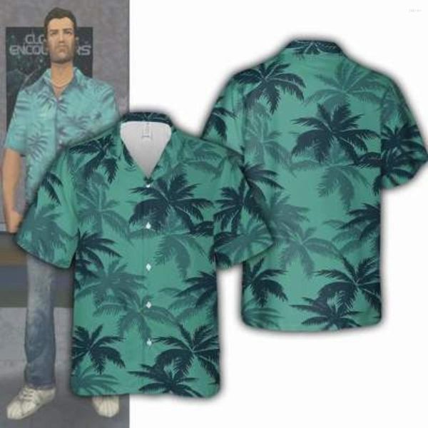 Camisetas masculinas Protagonista do jogo Folha de palmeira com estampa de gola cubana Moda Casual Estilo de praia havaiano Verão para homens e mulheres