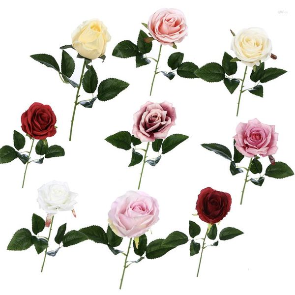 Flores decorativas 1 pçs flor artificial rosa 21 cores cabeça de seda para casa casamento festa de aniversário suprimentos decoração folhas verdes