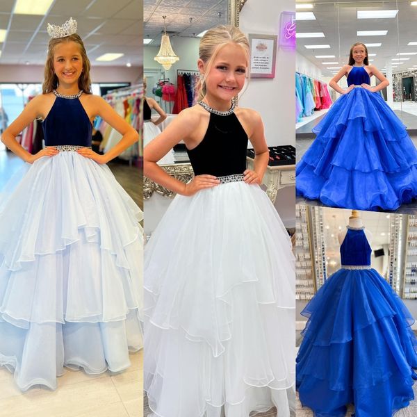 Ballkleid-Festzugkleid für Kinder 2024 mit Samtmieder, Rüschen, mehrlagiges Taschentuch, Organza, Blumenmädchenkleid, bodenlang, für formelle Partys für kleine Mädchen, Marineblau/Himmelblau