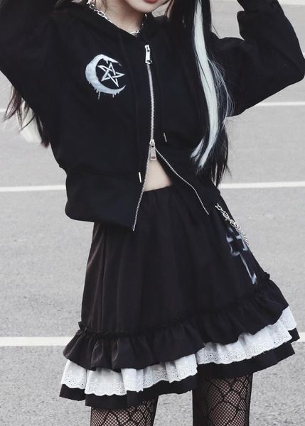 Damenjacken Frühling Herbst Japanische Vintage Harajuku Frauen Punk Gothic Schwarz Hoodies Sweatshirt Langarm Mantel