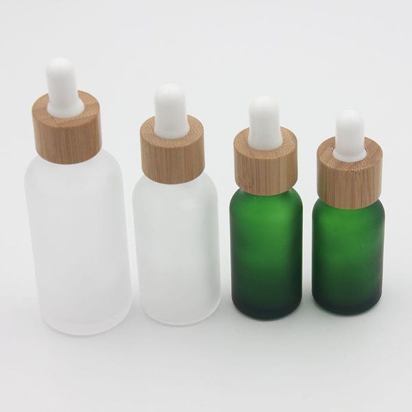 Frasco conta-gotas de vidro transparente Frost 15ml 20 30ml com tampa de bambu Frascos de óleo essencial verde fosco Ggchl