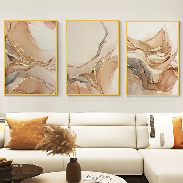 Dekorative Objekte Figuren Moderne abstrakte Beige Gold Marmor Poster Luxus Wandkunst Leinwand Malerei Druck Bilder Wohnzimmer Inneneinrichtung Heimdekoration 230614