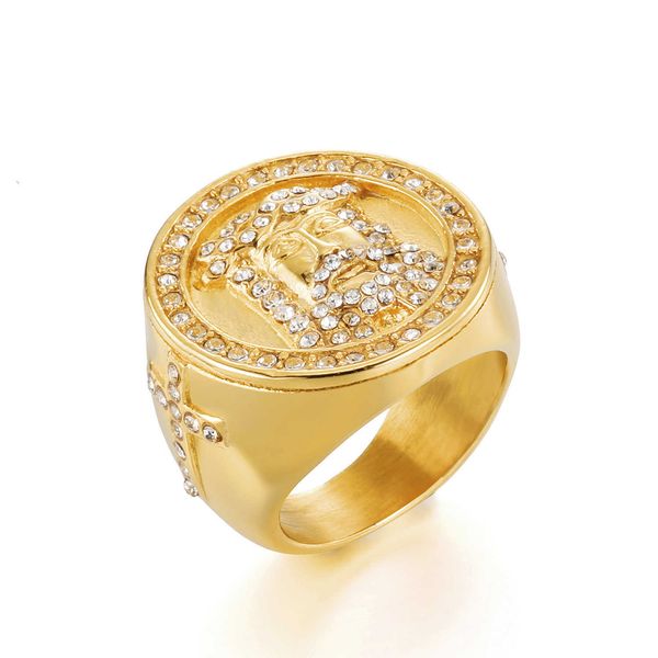 2023 Iced Out Kreuz Jesus Gold Edelstahl Ring Micro Gepflastert Zirkon Hohe Qualität Geschenk für Männer Hip Hop Schmuck