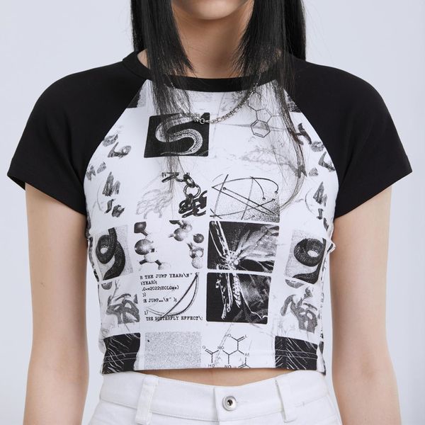 Punk tarzı siyah beyaz kontrast raglan kollu mahsul üstleri hip hop marka grafik tişörtleri sıska seksi kadınlar yaz yaz