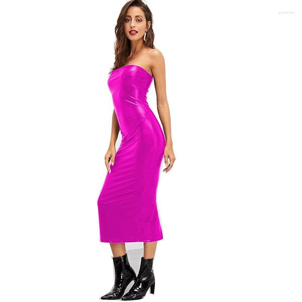 Abiti casual Abiti estivi per donna Vestito lungo aderente aderente Matita senza spalline metallizzata Vestido in ecopelle con spalle scoperte Taglia grande