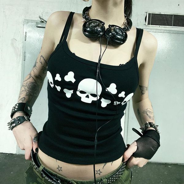 Kadın Tankları Camis Gothic Emo Kız Camisole Üst Kafatası Grafik Baskı Grunge Crop Top Y2K Giysileri Vintage Punk Kadın Korse Tank Üst Bebek Tee 230615