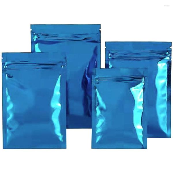 Sacos de armazenamento 1000 pçs/lote Saco de folha de alumínio azul brilhante Rasgar Notch Conveniente Reutilizável Reciclar Alimentos Lanche Doces Feijão Bolsas