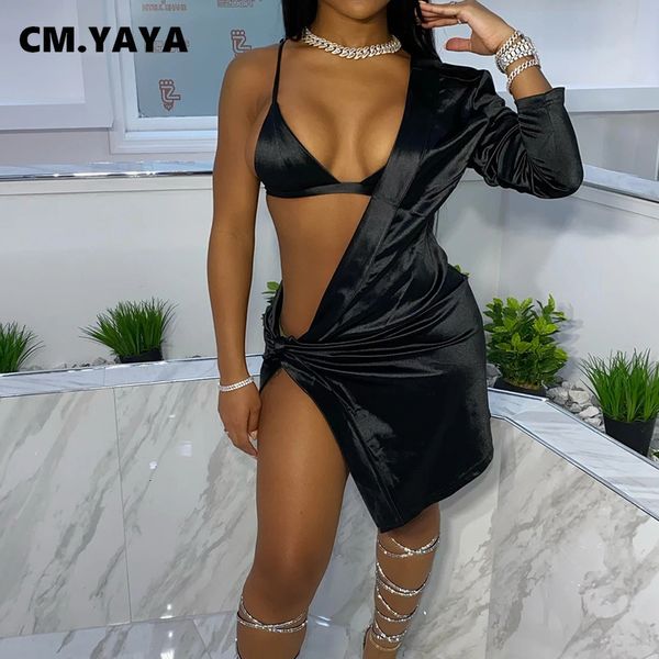 Vestido de duas peças CM.YAYA Conjunto de duas peças para mulheres Sexy Club Party Agasalhos de treino Uma manga com fenda e amarração Conjunto de sutiã outono inverno 230615