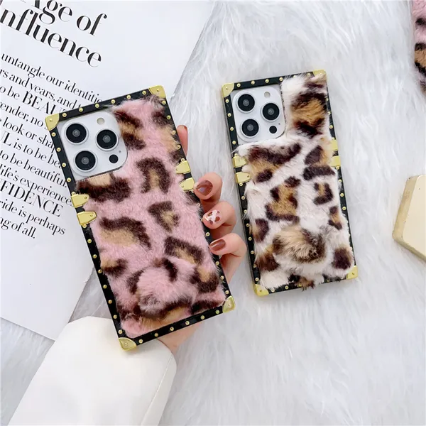 Luxury Leopard Print Square Plating Fur Vogue Phone Case for iPhone 14 13 12 11 Pro Max Samsung Galaxy S23 Ultra S22 S21 S20 Fashion Women Furry Back Cover Shockproof