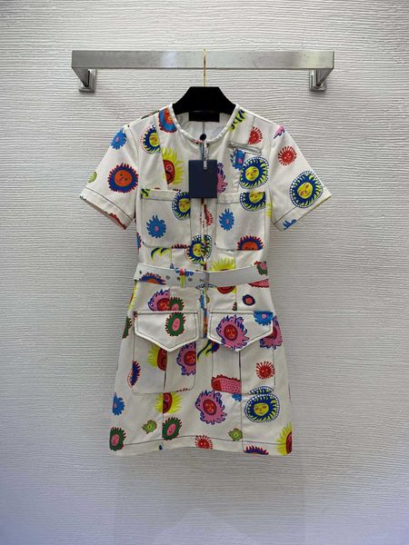 23ss vestidos de verão vestido feminino roupas de grife pintura dos desenhos animados padrão de peixe tropical impressão magro manga curta denim vestido alto
