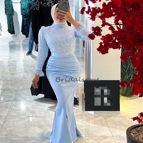 Lindo vestido de baile muçulmano azul com penas 2023 gola alta lantejoulas sereia vestido de noite árabe elegante abaya vestido de festa formal robe de sarau vestidos femininos