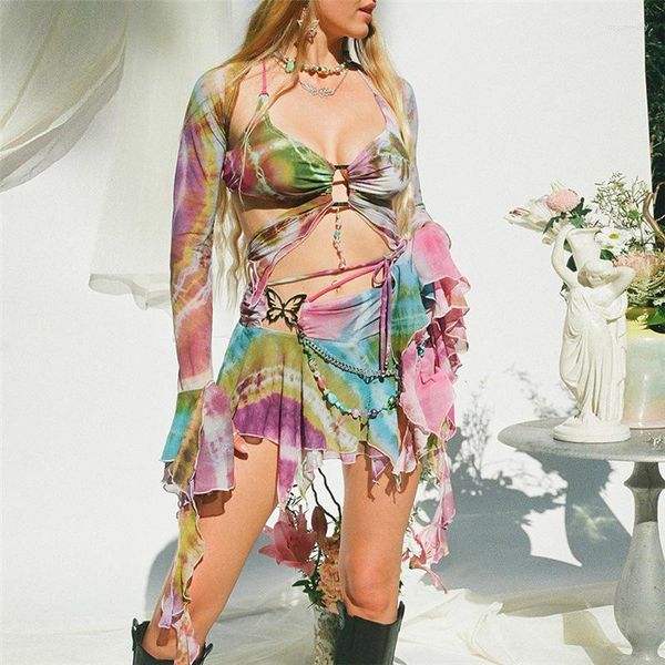 Tute da donna Tie Dye Print Ruffles Mesh Set da 3 pezzi Completi da spiaggia da donna Flare Manica lunga Cape Lace Up Farfalla Crop Top Mini gonne