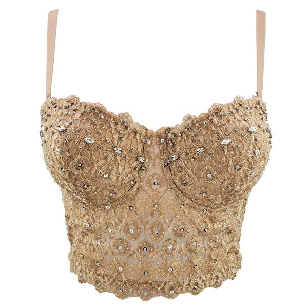 Kadın Tankları Camis Luxury Gece Kulübü Seksi Altın Korse Rhinestones Camis Mujer Bustiers Beads Dantel Debardeur Kadın Bağlayıcı Korse Üst Bra Bodycon 230615