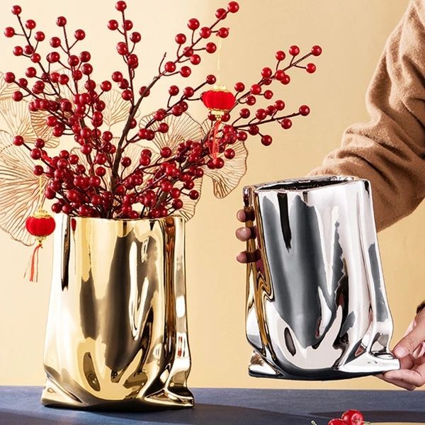 Vasen Nordic goldene Keramikvase Galvanik Gold Stoffbeutel Keramikvase Wohnzimmer TV-Schrank Möbel Dekoration Ornamente Vase 230615