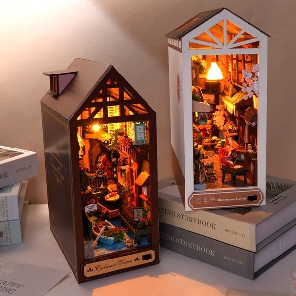 Архитектура/DIY House DIY Деревянный книжный чехол для вставки вставка миниатюрной сцены после дождя бронирует японскую книжную полку