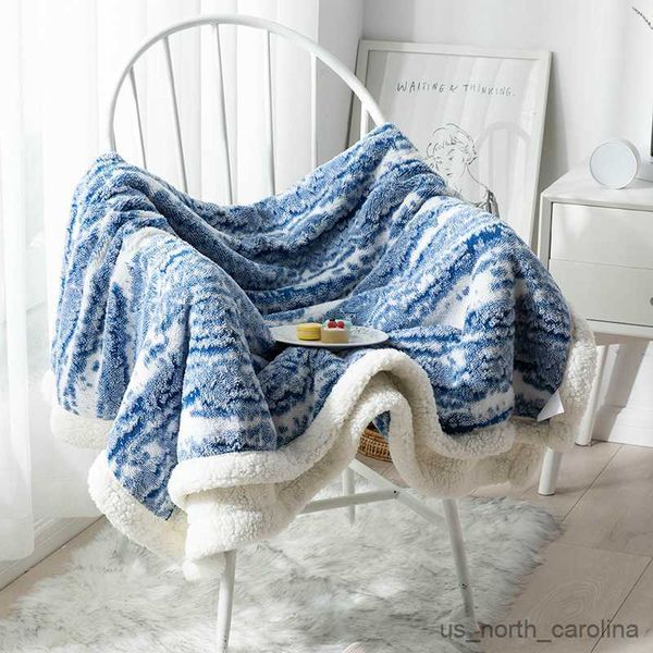 Одеяло Inyahome Blue и White Sherpa Broke Fleeme Fleeme Мягкое одеяло для кровать уютное плюшевое одеяло для дивана дивана Accessories R230615
