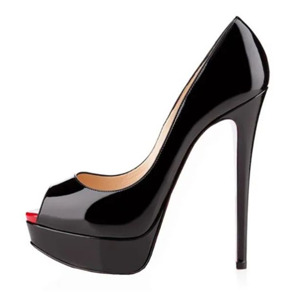 Damen-Sandalen für High-Heels-Schuhe, 14 cm, rot, dicke Sohle, nacktes schwarzes Lackleder, sexy Peep-Toe-Sommer-Damenkleidschuhe mit Staubbeutel, Größe 35–45
