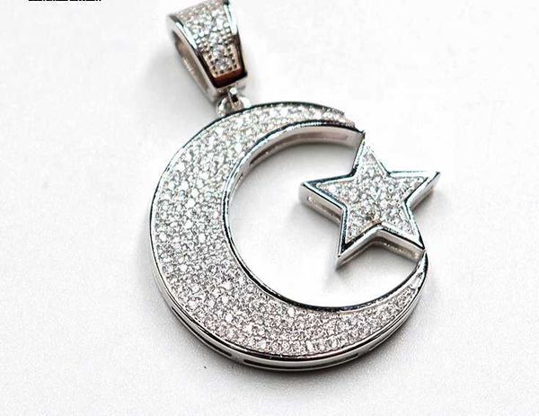 Personalisierter Iced Out-Anhänger aus Edelstahl, Kristall, islamischer muslimischer Allah, runder Mond, Stern, Stift für Männer und Frauen