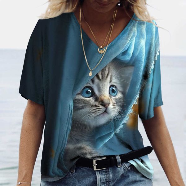 Kadın T-Shirt Kadın Kawaii T-Shirt Sevimli Kedi Baskı 3D Kısa Kollu Y2K Giyim Yaz Sokağı Seksi V yaka gündelik Tatil Kadın Tişörtleri