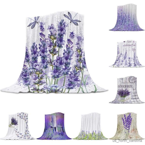 Coperta Fiore viola Lavanda Libellula Coperta di flanella sottile leggera bianca Coperta morbida calda personalizzata Coperta sul divano letto Copriletto da viaggio R230615