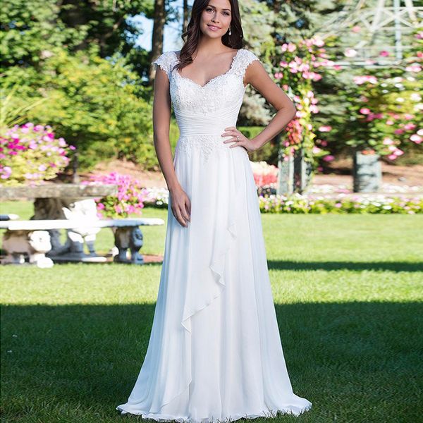 Летнее пляжное свадебное платье 2023 Кружевая крышка рукава, милая аппликация оборки шифоновые невесты Boho vestido de Noiva
