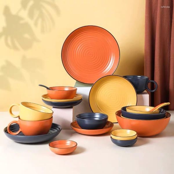 Piatti Stoviglie e ciotole in ceramica Set Piatti per la cena Ciotola Stoviglie retrò nordiche per ristorante 1/4/6 El Home