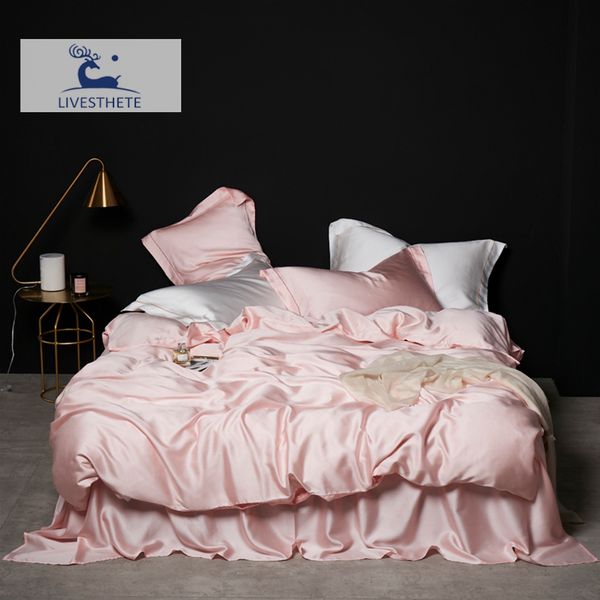 Conjuntos de cama Liv-Esthete Luxo feminino rosa 100% seda conjunto de cama seda pura saudável rainha rei capa de edredom lençol plano fronha conjunto de roupa de cama 230614