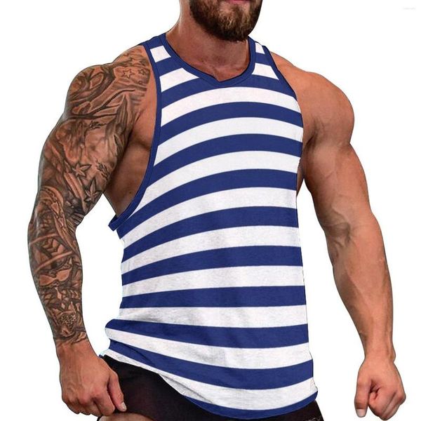 Herren-Tanktops, Retro-nautisches Top, Herren, marineblau und weiß gestreift, Bodybuilding, übergroß, Sommer-Sportbekleidung, Muster, ärmellose Hemden