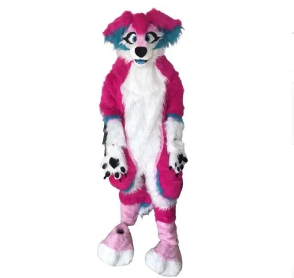 Ursuit Cartoon Dress Outfits Halloween Set Party Costume Long Fuchsia Hairy Animal Fursuit Husky Dog Mascot Costume Fancy Dress Birthday Party