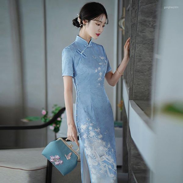 Ethnische Kleidung Chinesisches traditionelles Kleid Cheongsam Qipao Frauen Mädchen Party Hochzeit Mode Vintage Retro Blumendruck Satin Kurzarm