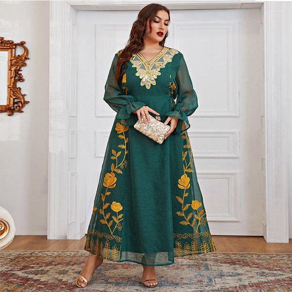 Roupa étnica muçulmana abaya vestido solto feminino dubai bordado aplique decote em v lanterna vestido de manga comprida árabe kaftan noite