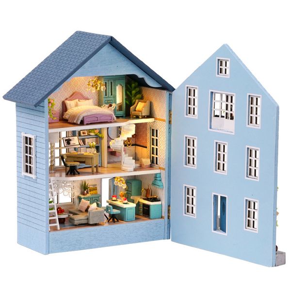 Mimari/DIY House DIY Ahşap Dollhouse Minyatür Mobilya Kiti Mutlu Çiftlik Bebek Evleri Çocuklar İçin Oyuncakları Montajlı Kız Noel Hediyesi Casa 230614