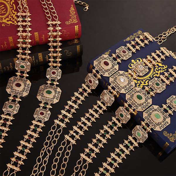 Belly Chains Vintage Crystal Metal Belt for Women Hollow Flower Marroquino Wedding Dress Gold Color Jewelry Set Ajustável 230614