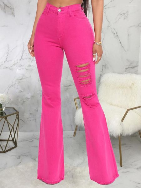 Jeans Feminino Rosa Vermelho Rasgado Calça Flare Esticada Esguia Cintura Alta Elegante Calça Denim Feminina Sólida Casual Corte Bota