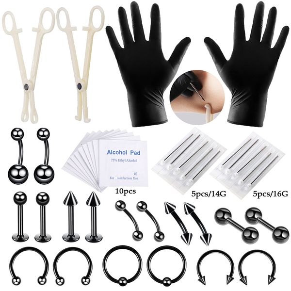 Labret Lippenpiercing-Schmuck 14G 16G Tattoo Einweg-Körper-Kits Werkzeuge Zunge Bauchnabel Hoop Augenbraue Nasenring Septum Piercings 42-teiliges Set 230614