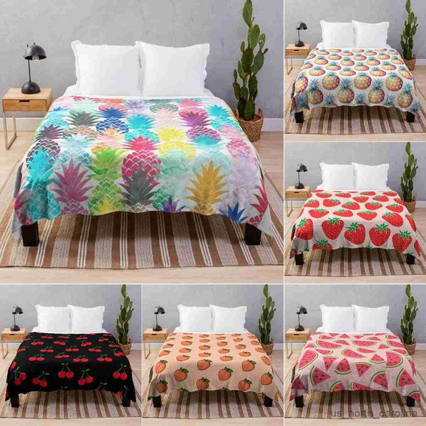 Decke, Obst-Thema, Flanell-Überwurf, Decke, Ananas, Erdbeere, Orange, Muster, Decke, King-Size-Größe, für Bett, Wohnzimmer, Couch, weich, warm, R230615