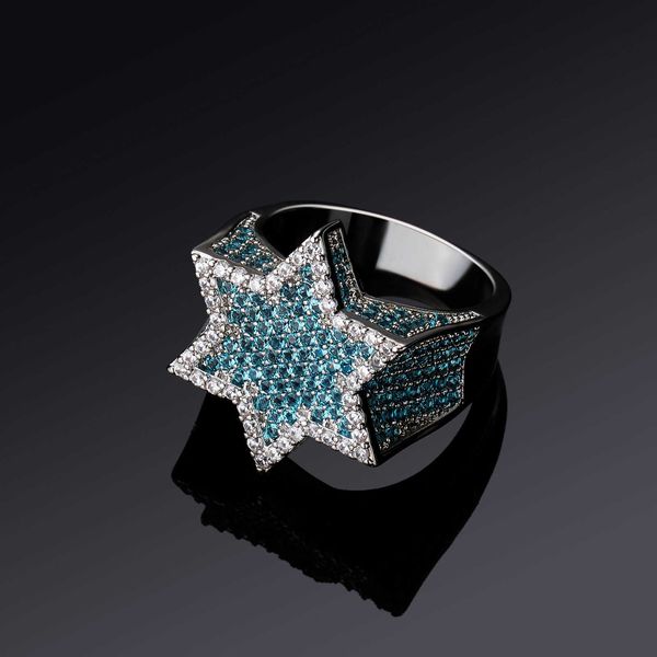 Estrela de David Anel de diamantes Iced Out Cz Zircão Anéis banhados a ouro 18k Hip Hop Jóias para presentes masculinos e femininos