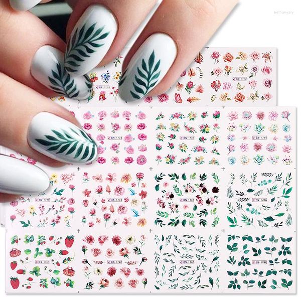 Adesivos para unhas Conjunto de 12 peças Florescendo Folhas florais Decalques de água artísticos Folhas de transferência Sliders para decorações 3D