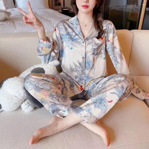 Roupa de dormir feminina primavera luxo gelo cor de seda estampado floral cetim manga longa camisa calça pijama conjunto macio para casa