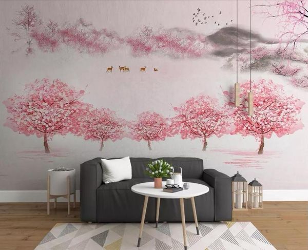 Papéis de Parede Papel de Parede Chinês 3D Rosa Flor de Pêssego Floral Decorativo para Casa Romântico Murais de Parede para Quarto de Meninas