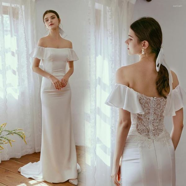 Abito da sposa sirena in raso sposa sexy barca al collo corto a maniche corte eleganti semplici pizzo vestidos de boda sirene