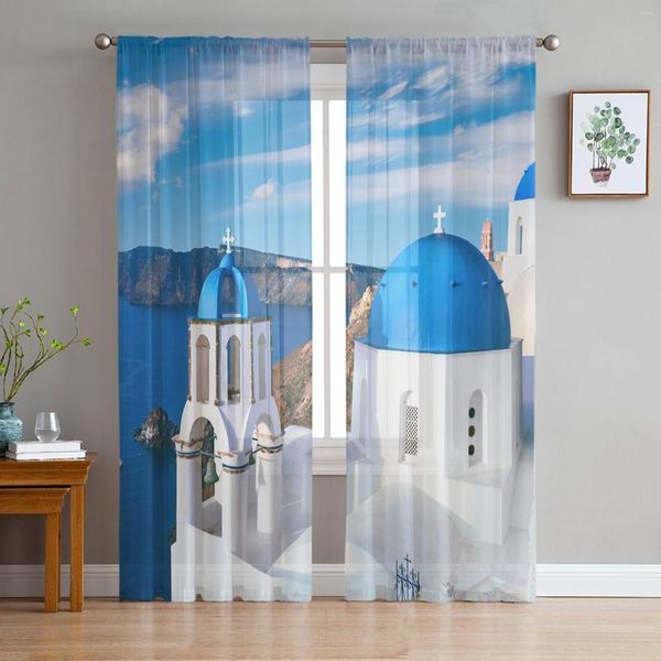 Tenda Grecia Santorini Blue Roof Chiesa Tulle Tende trasparenti per soggiorno Cucina Camera da letto per bambini Voile Hanging