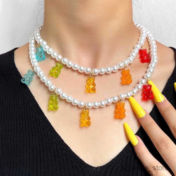 Anhänger Halsketten Ketten Gummibärchen Perlen Perlen Halskette Für Frauen Mädchen Regenbogen Farbe Perlen Cartoon Teddy Handgemachte Choker Halsketten Schmuck R230615