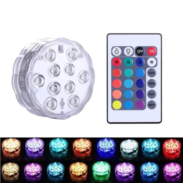 IP68 Su geçirmez dalgıç LED ışıkları, 24 anahtarla 10 LED boncukta inşa edilmiş LED Boncuklar 16 Renk Değiştiren Sualtı Gece Çay Işık Vazo Partisi Düğün Tedarik