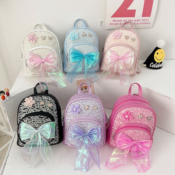 Mochilas Coloridas Laser Mochila Infantil Meninas Grande Laço Lantejoulas Mochila Fofa Princesa Flores Jardim de Infância Bebê Sacos de Lanche 230614