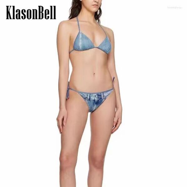 Fatos de treino femininos 4,23 KlasonBell Fashion Sexy Triangle Bikinis Denim Print Set Under Bra Tank Top Bandage Briefs Beach Swimwear Women
