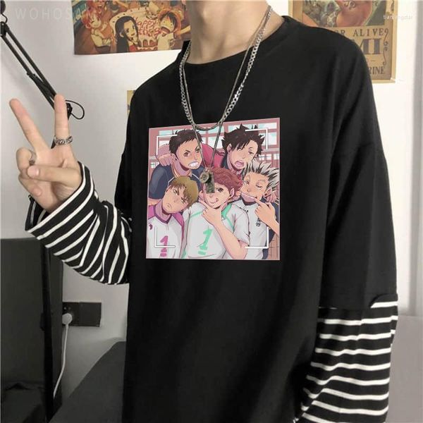 Camiseta masculina anime haikyuu camisa estética harajuku desenhos animados voleibol júnior streetwear verão unisex oversize manga longa listra